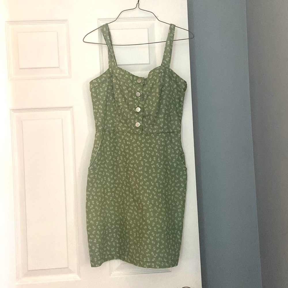 Green Denim Dress with Flower prints.